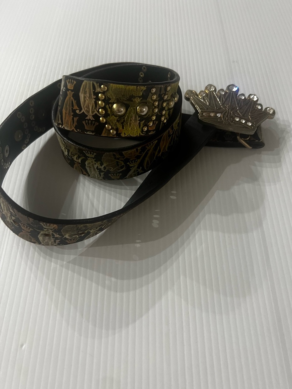 Rare Vintage Christian Audigier Rhinestone Crown Studded Leather Belt Y2K